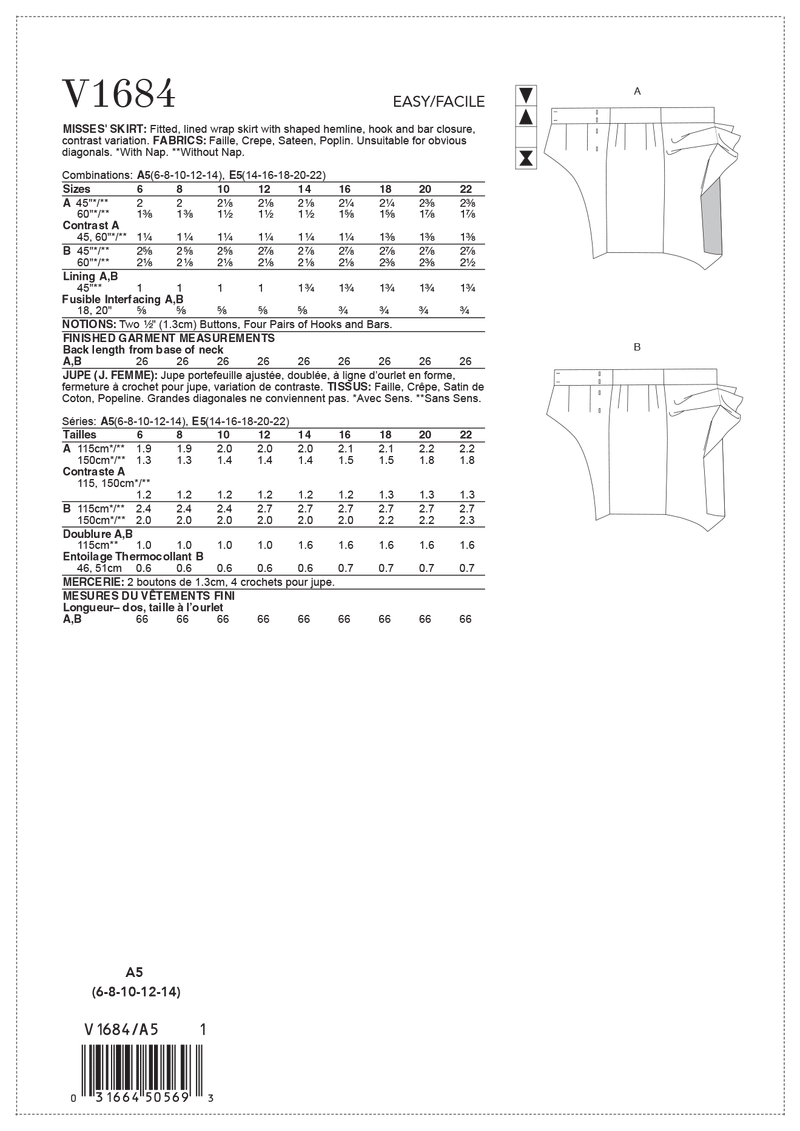 V1684 Misses' Skirt (size: 14-16-18-20-22)