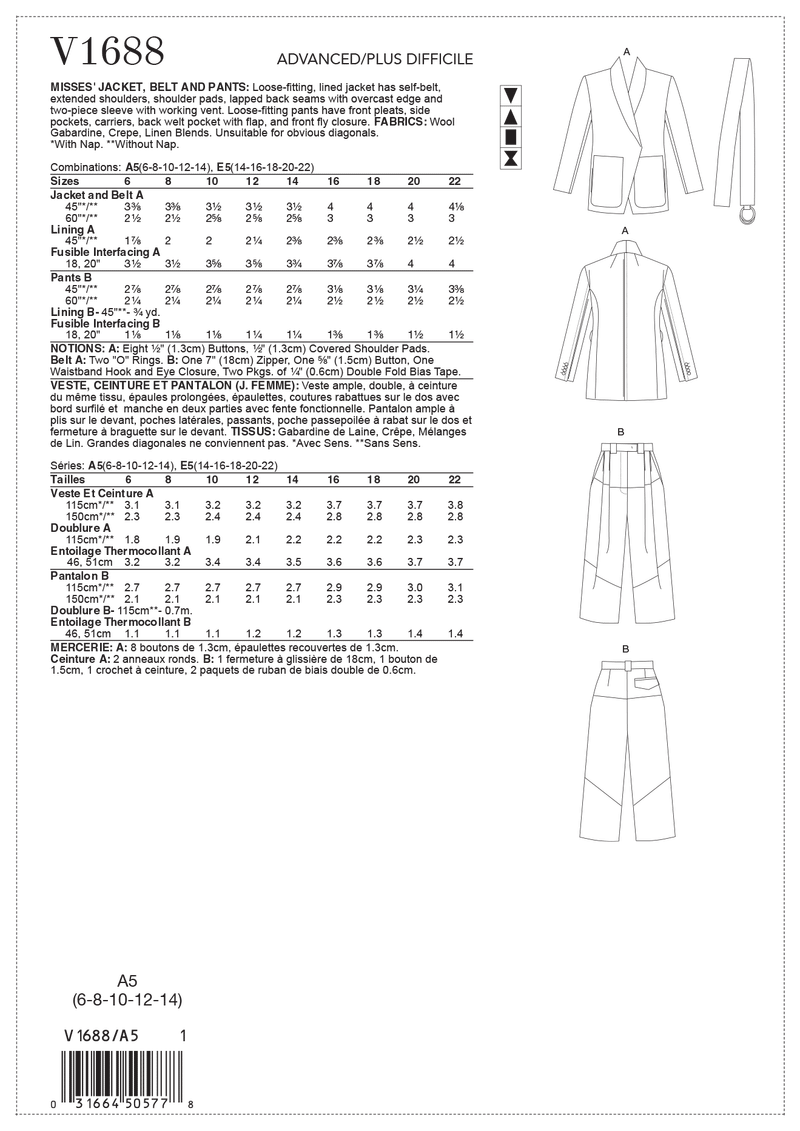 V1688 Misses' Jacket, Belt & Pants (size: 6-8-10-12-14)