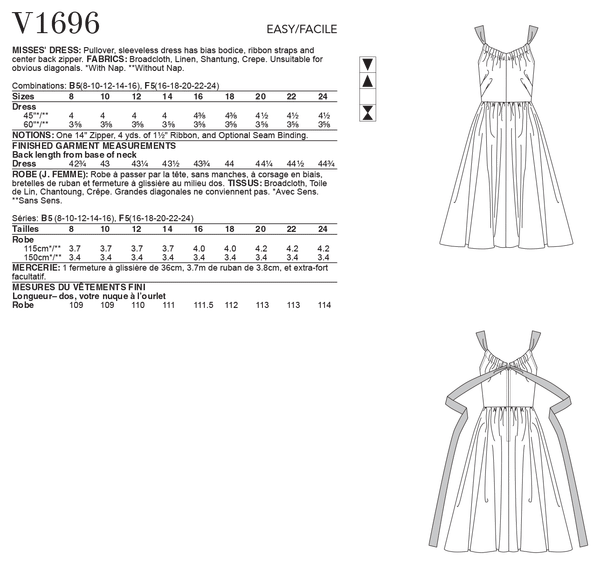 V1696 Robe pour Jeune Femme (grandeur: 8-10-12-14-16)