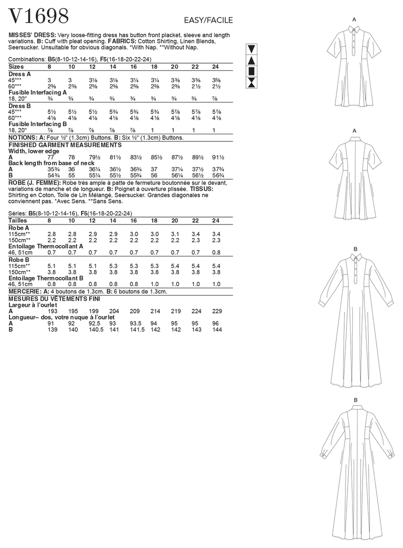 V1698 Misses' Dress (size: 16-18-20-22-24)