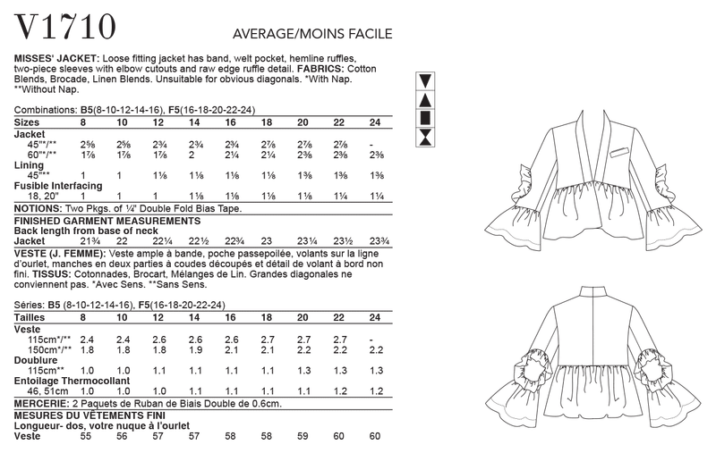 V1710 Misses' Jacket (size: 16-18-20-22-24)