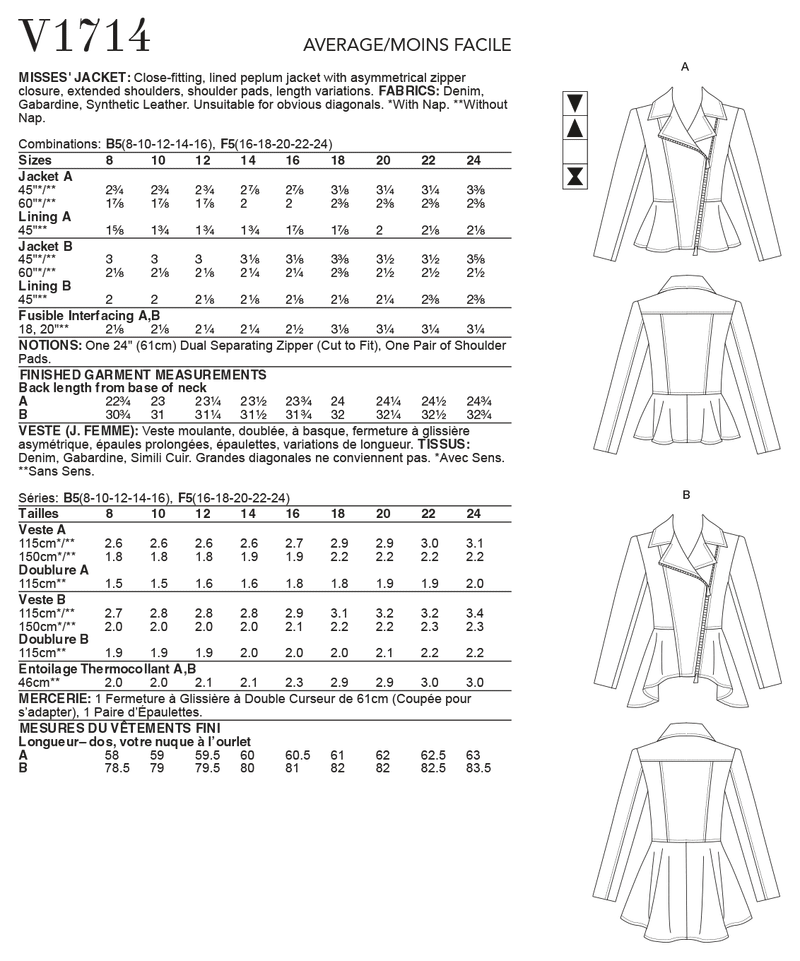 V1714 Misses' Jacket (size: 16-18-20-22-24)