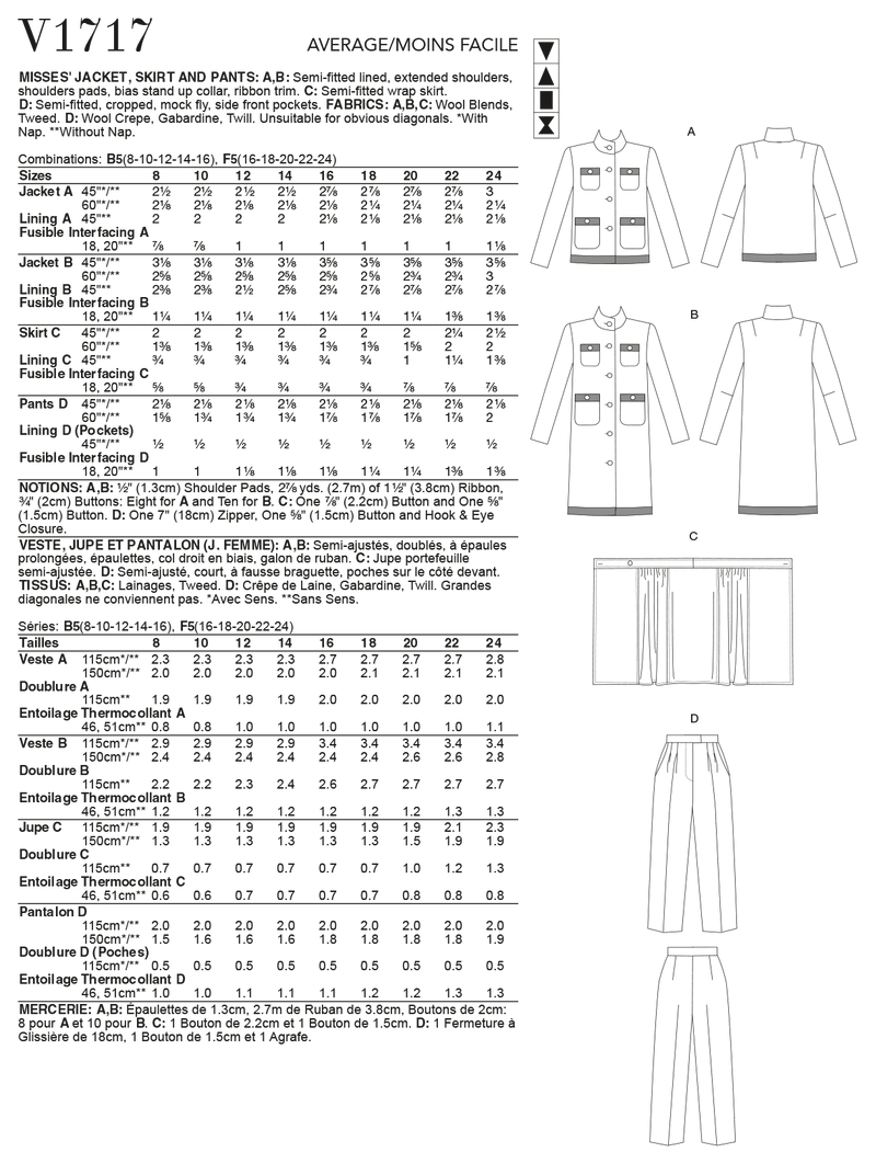 V1717 Misses' Jacket, Skirt & Pants (size: 16-18-20-22-24)