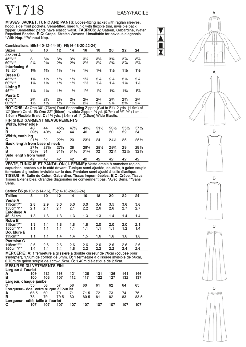 V1718 Misses' Jacket, Tunic & Pants (size: 16-18-20-22-24)