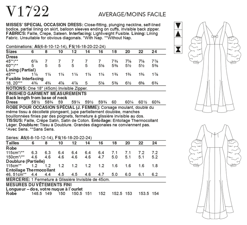 V1722 Misses' Special Occasion Dress (size: 16-18-20-22-24)