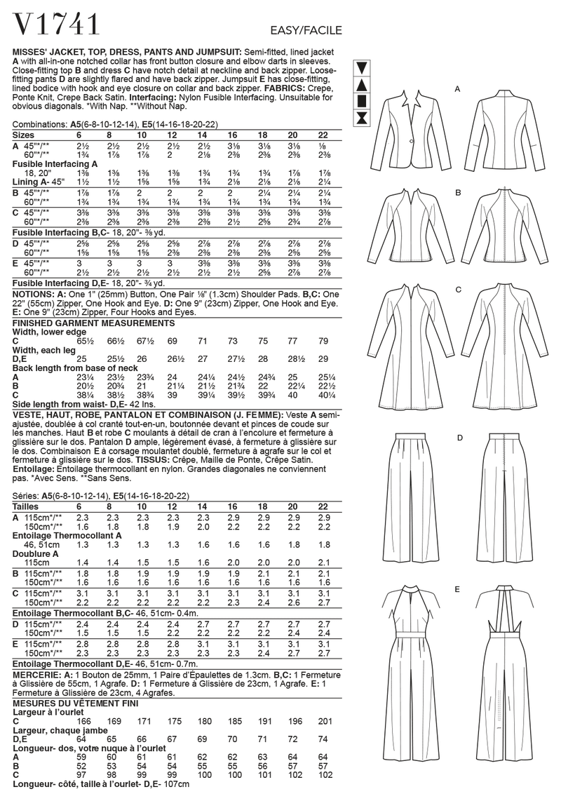 V1741 Misses' Jacket, Top, Dress, Pants and Jumpsuit (size: 6-8-10-12-14)