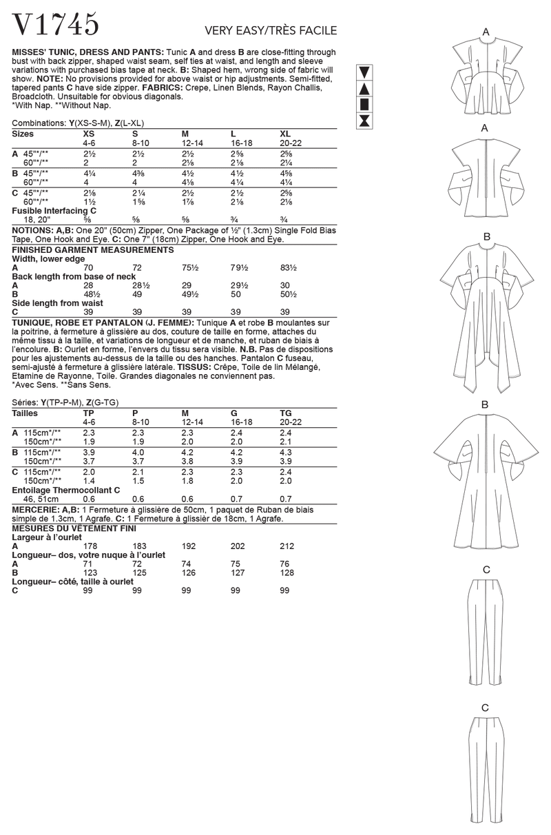 V1745 Misses' Tunic, Dress and Pants (size: L-XL)