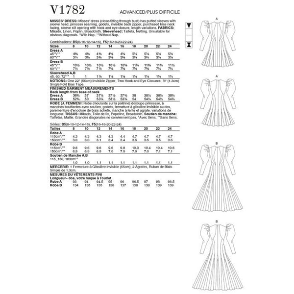 V1782 Misses' Dresses (size: 8-10-12-14-16)