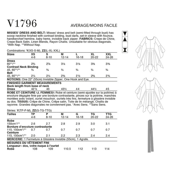 V1796 Misses' Dress & Belt Zandra Rhodes