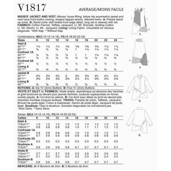 V1817 Misses' Jacket and Waistcoat, Marcy Tilton (16-18-20-22-24)