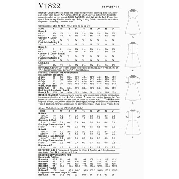 V1822 Misses' Dress (16-18-20-22-24)