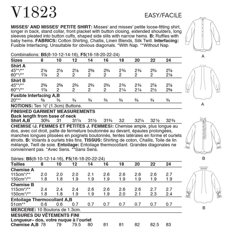 V1823 Petite chemise pour femme et femme (8-10-12-14-16)