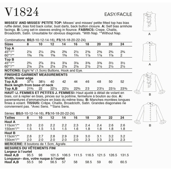 V1824 Misses' and Misses' Petite Top (16-18-20-22-24)