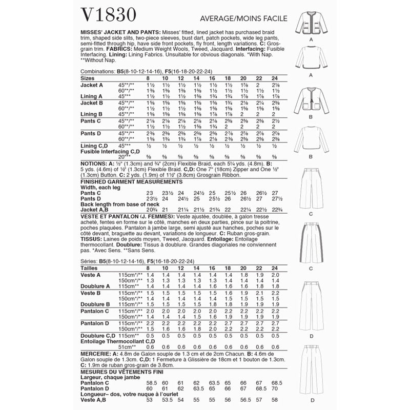 V1830 Misses' Jacket and Trousers (16-18-20-22-24)