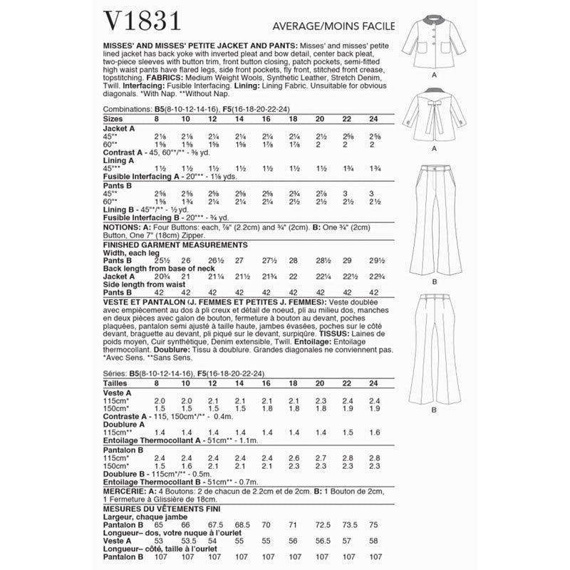 V1831 Misses' and Misses' Petite Jacket and Trousers