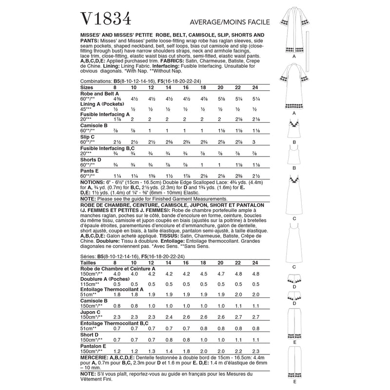 V1834 Misses' and Misses' Petite Robe, Belt, Camisole, Slip, Shorts and Trousers (16-18-20-22-24)