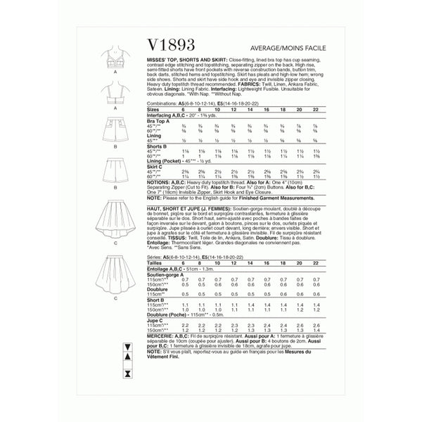 V1893 Misses' Top, Shorts and Skirt (16-18-20-22)