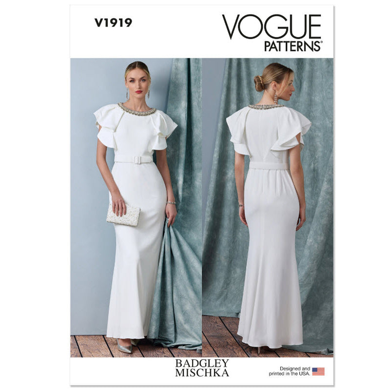 V1919 Misses' Full Length Dress with Belt by Badgley Mischka (8-10-12-14-16)