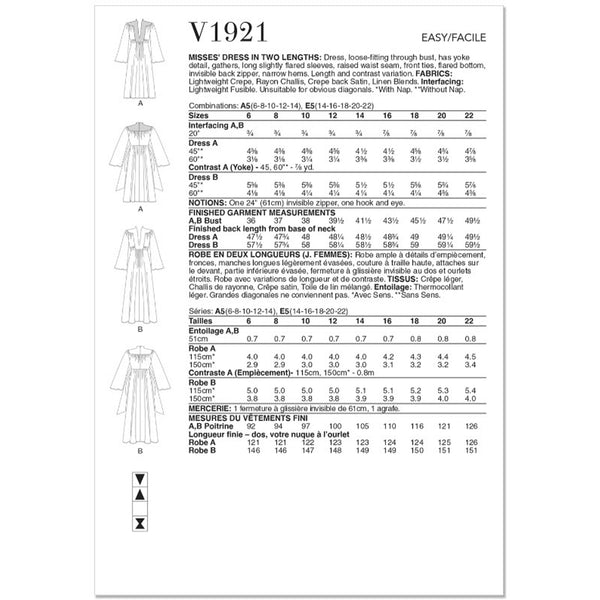 V1921 Misses' Dress in Two Lengths (14-16-18-20-22)