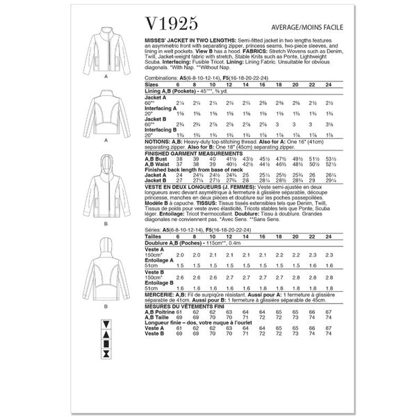 V1925 Misses' Jacket in Two Lengths by Marcy Tilton (16-18-20-22-24)