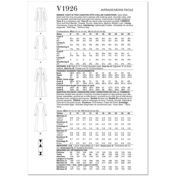 V1926 Misses' Coat in Two Lengths with Collar Variations