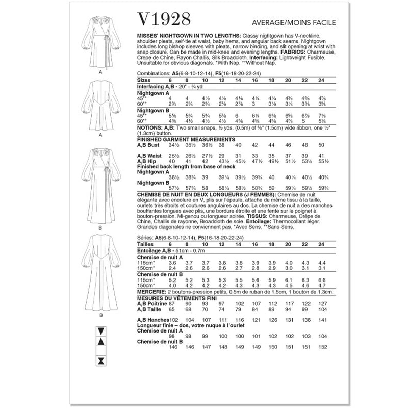 V1928 Misses' Nightgown in Two Lengths