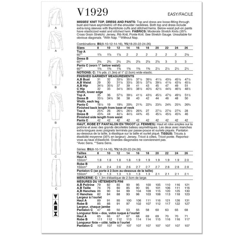 V1929 Misses' Knit Top, Dress and Pants (18-20-22-24-26)