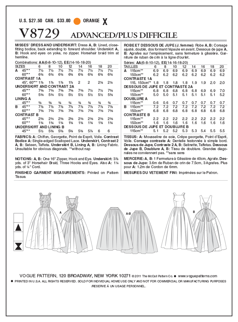 V8729 Robe et dessous de jupe - Jeunes femmes  (Grandeur : 6-8-10-12)