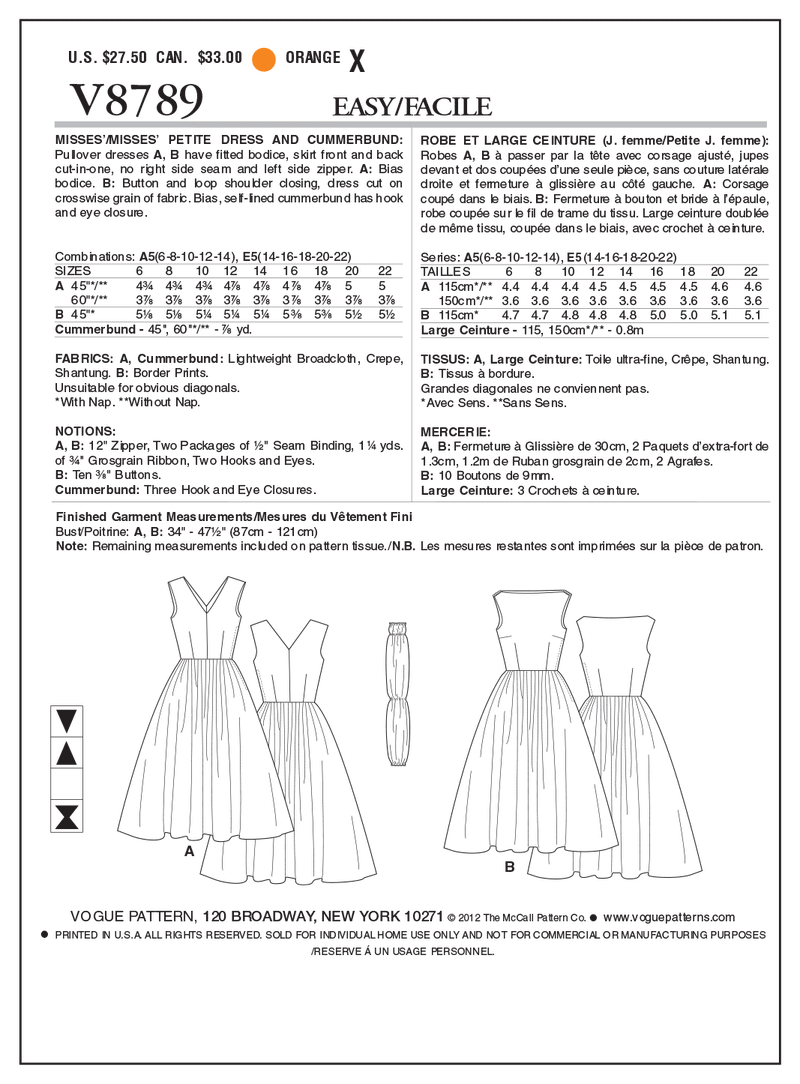 V8789 Robe et large ceinture- J. Femmes et petite J. femmes (Grandeur : 6-8-10-12-14)