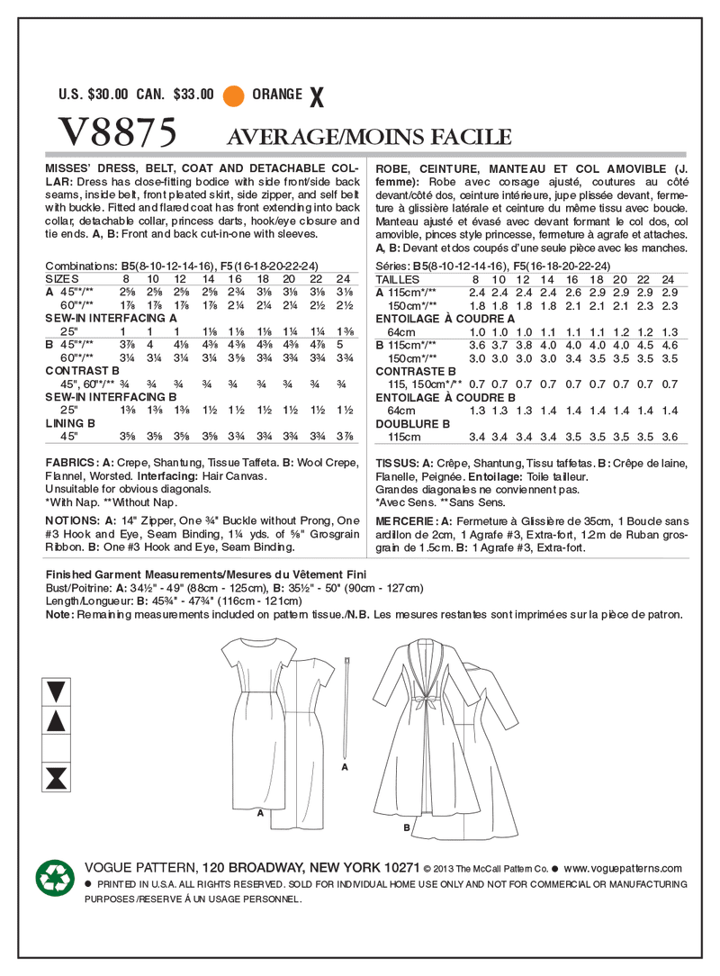 V8875 Robe, ceinture, manteau et col détachable - Jeunes femmes (Grandeur : 8-10-12-14-16)