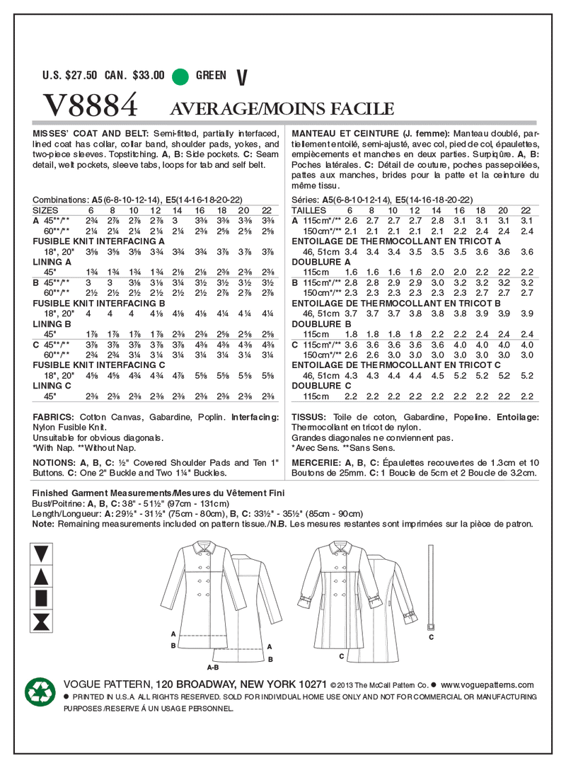 V8884 Manteau et ceinture - Jeunes femmes (Grandeur : 6-8-10-12-14)