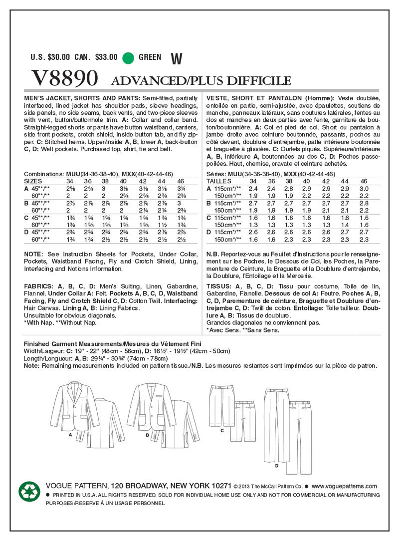 V8890 Veston, bermuda et pantalon - Hommes (Grandeur : 34-36-38-40)