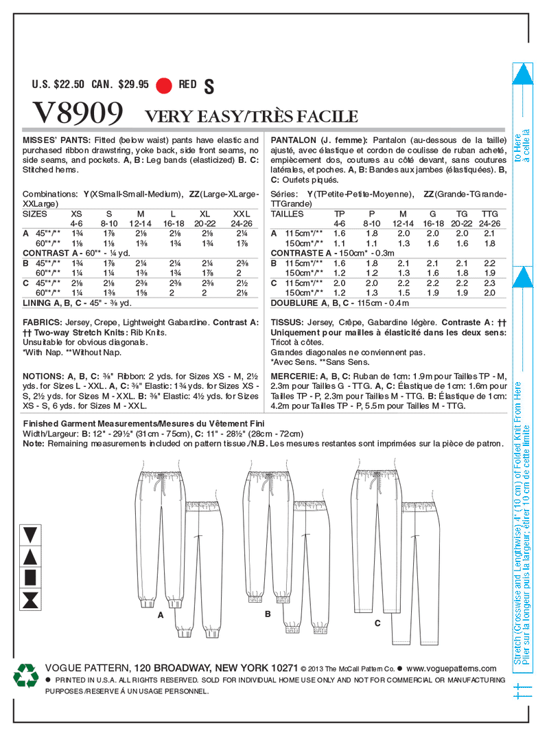 V8909 Misses' Pants - Misses (Size: Y (XSM-SML-MED))