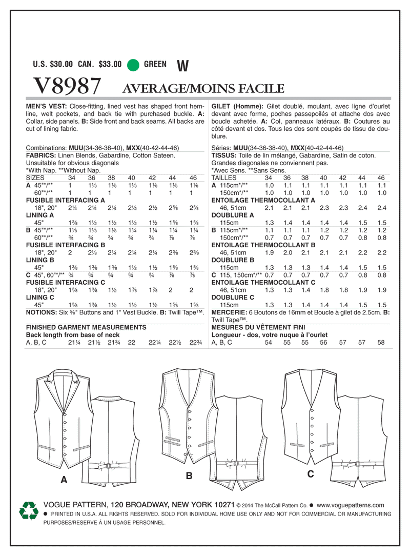 V8987 Veste - Hommes (Grandeur : 40-42-44-46)