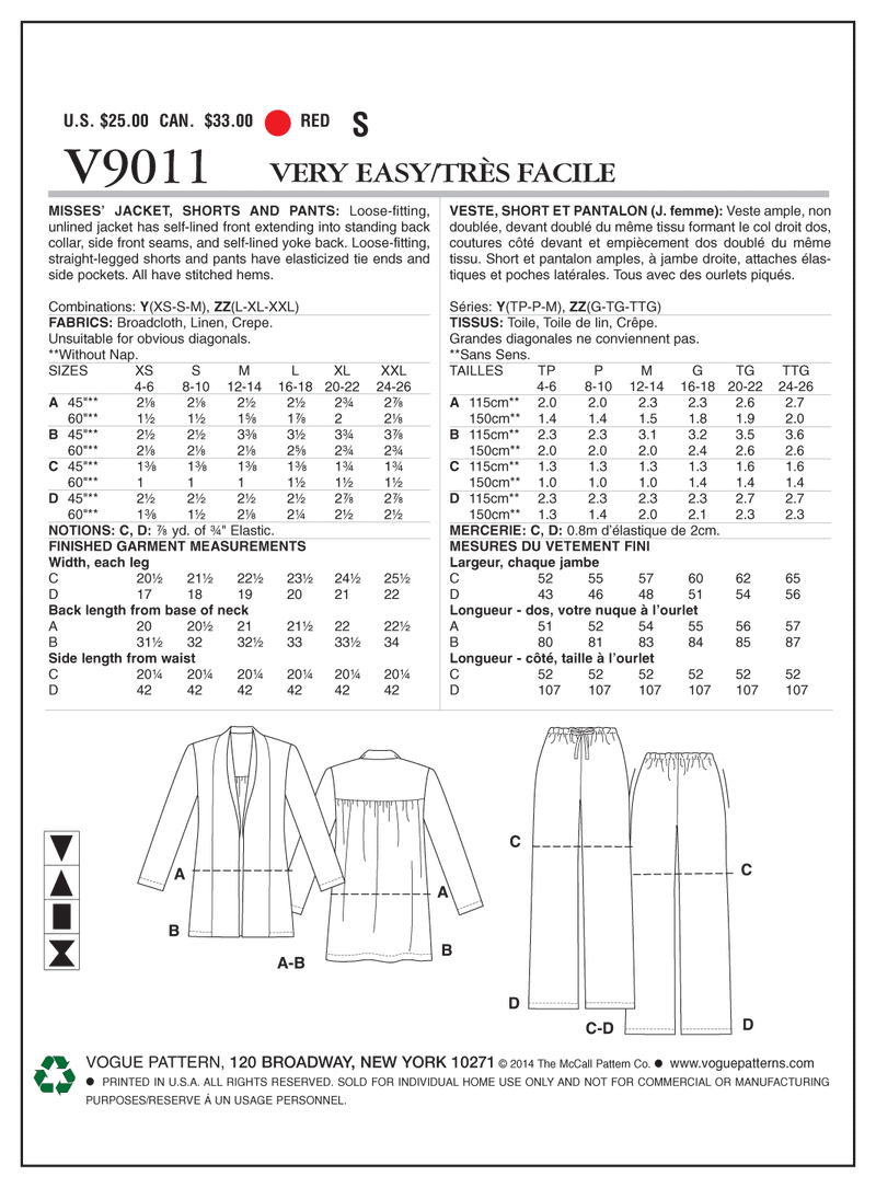 V9011 Misses' Jacket, Shorts and Pants - Misses