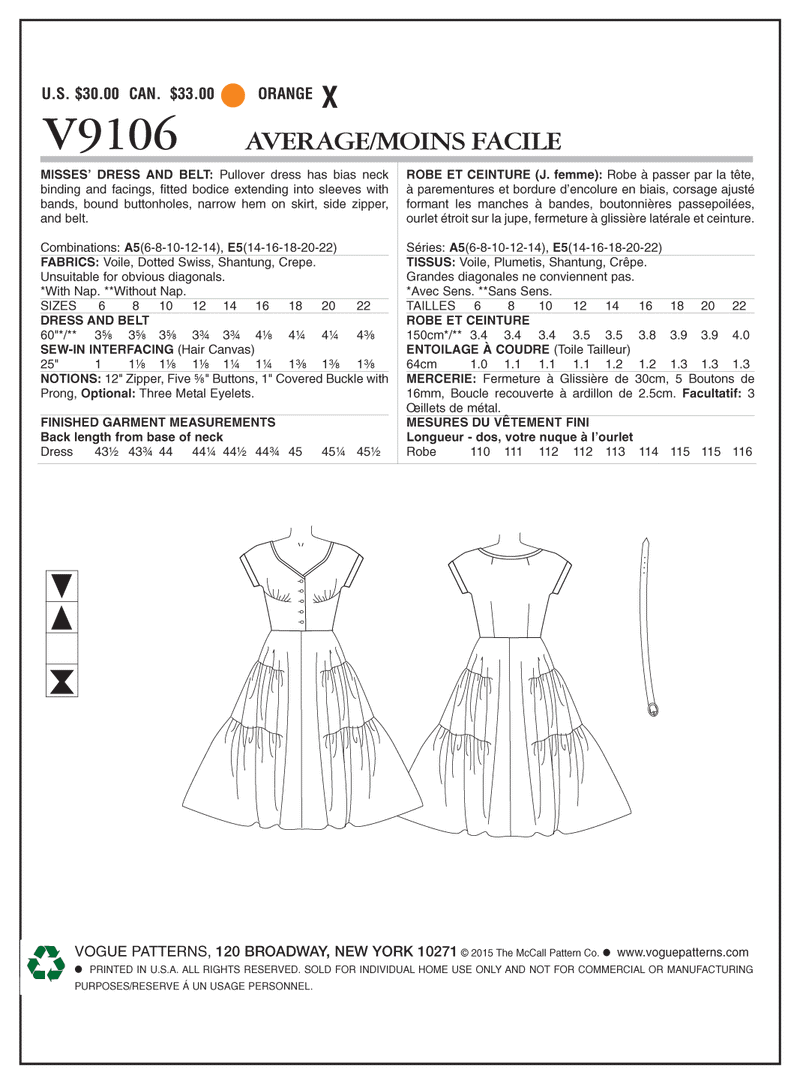 V9106 - Misses' Dress and Belt (Size: 6-8-10-12-14)
