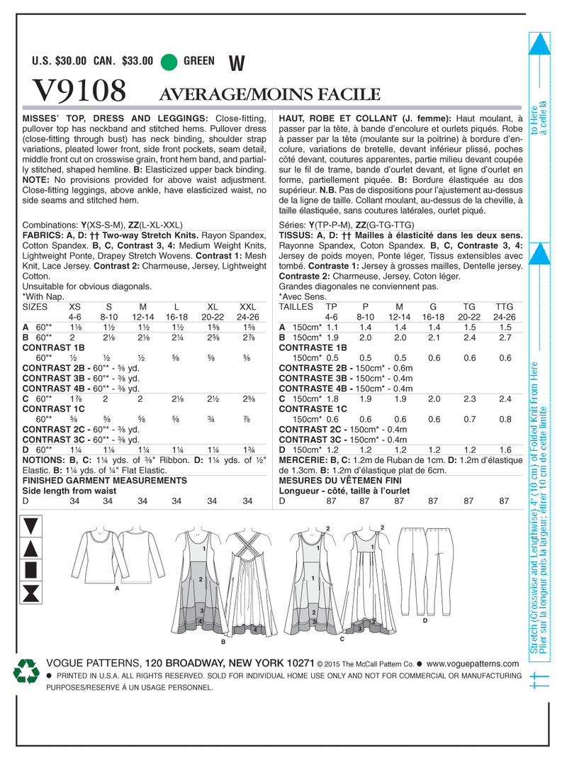 V9108 - Misses' Top, Dress and Leggings (Size: XSM-SML-MED)