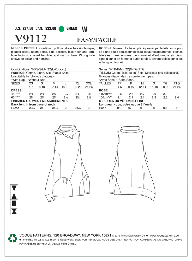V9112 - Misses' Dress (Size: LRG-XLG-XXL)
