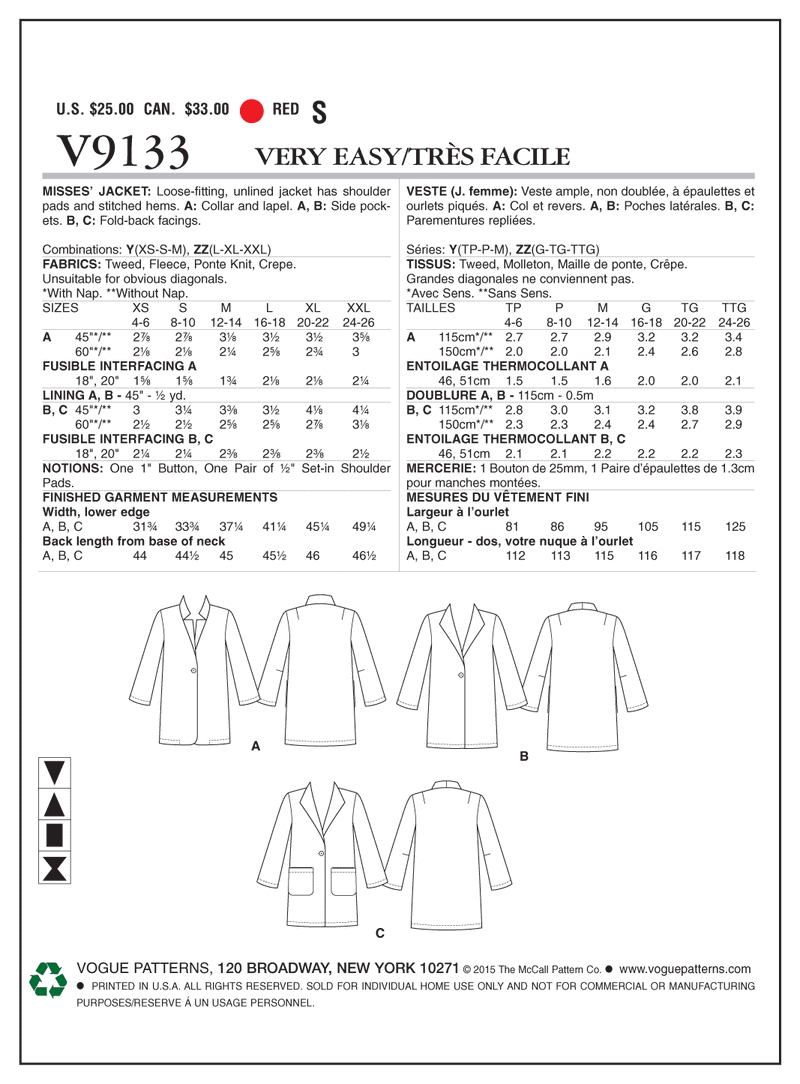 V9133 Misses' Jacket (Size: LRG-XLG-XXL)