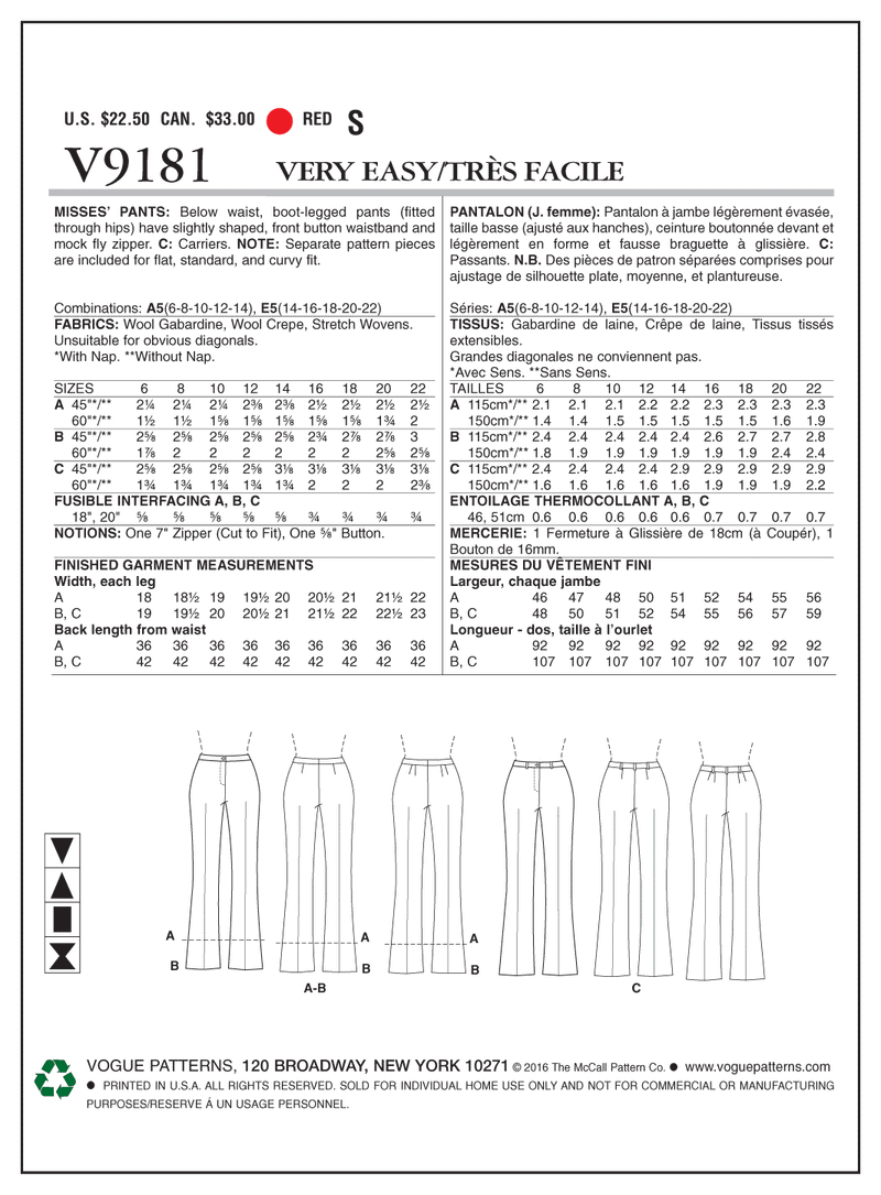 V9181, Misses' Custom-Fit Bootcut Pants