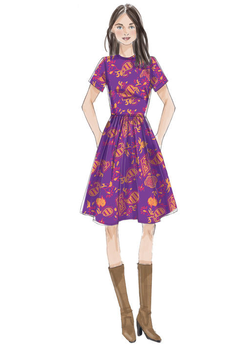 V9197 Misses' Jewel-Neck, Gathered-Skirt Dresses