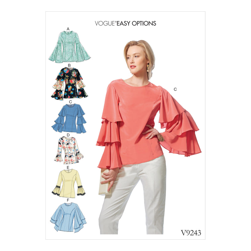 V9243 Misses' Princess Seam Tops with Flared Sleeve Variations (size: 14-16-18-20-22)