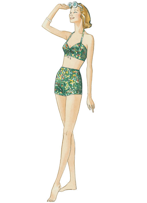 V9255 Misses' Lined Halter Bra and Shorts, and Square-Neck Coverup with Pockets