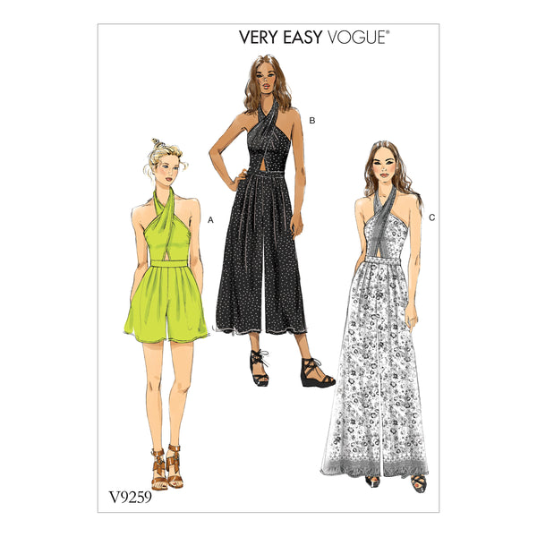 V9259 Misses' Criss-Cross Halter Romper and Jumpsuit with Length Variations