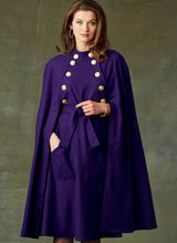 V9288 Misses' Cape with Stand Collar, Pockets, and Belt
