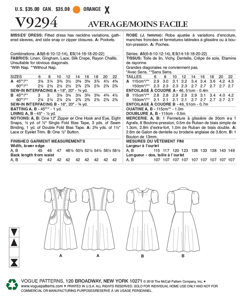 V9294 Robe pour Jeune Femme (grandeur: 6-8-10-12-14)