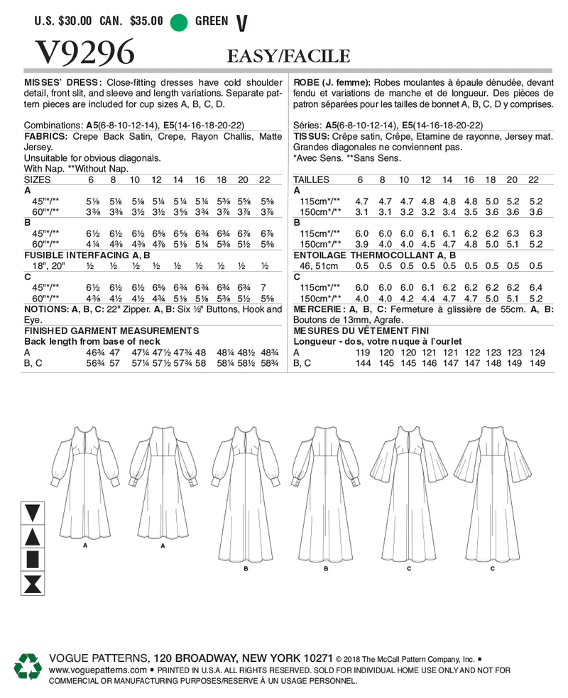 V9296 Misses' Dress (size: 14-16-18-20-22)