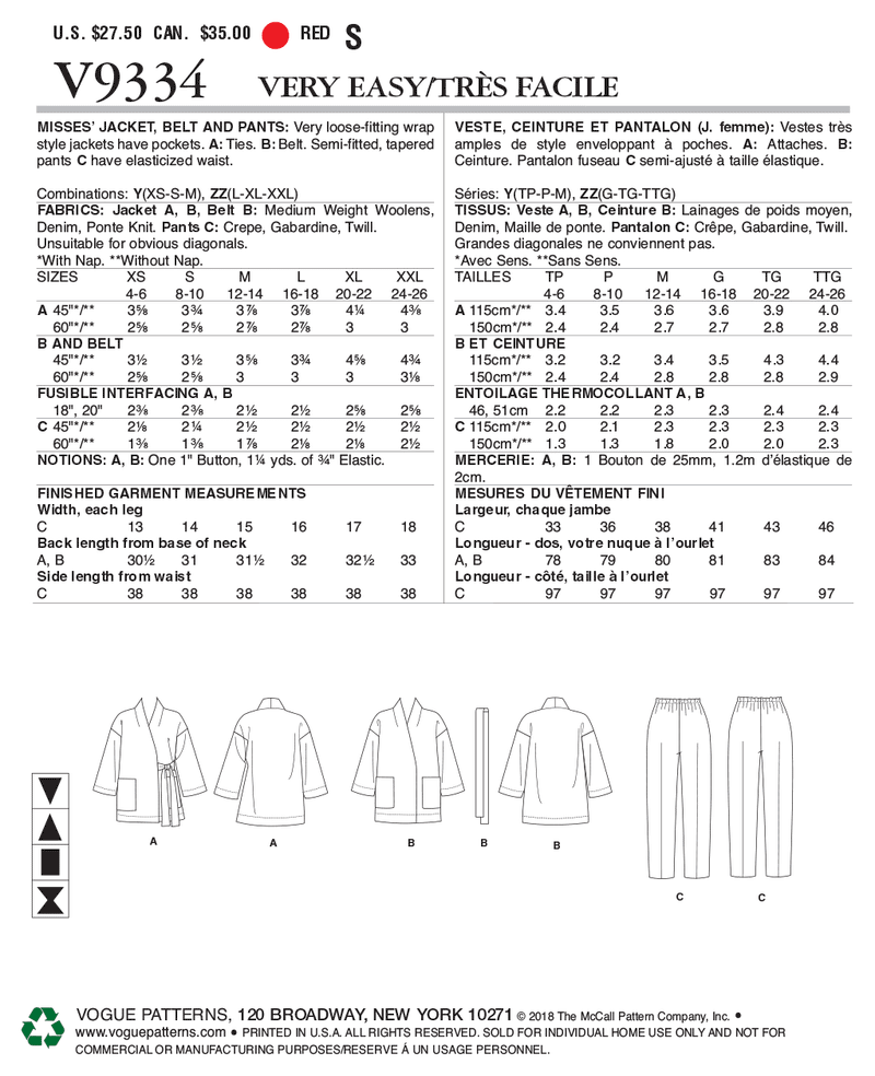 V9334 Misses' Jacket, Belt and Pants (size: XS-S-M)