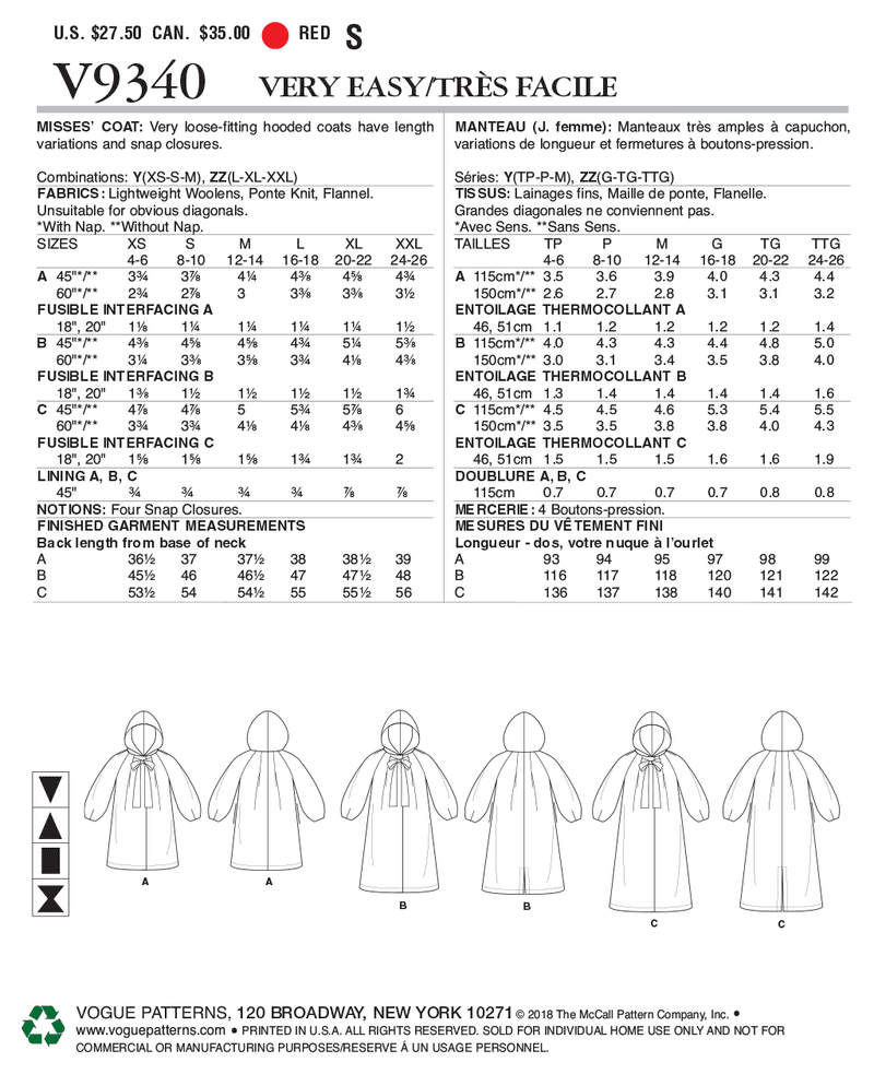 V9340 Misses' Coat (size: L-XL-XXL)