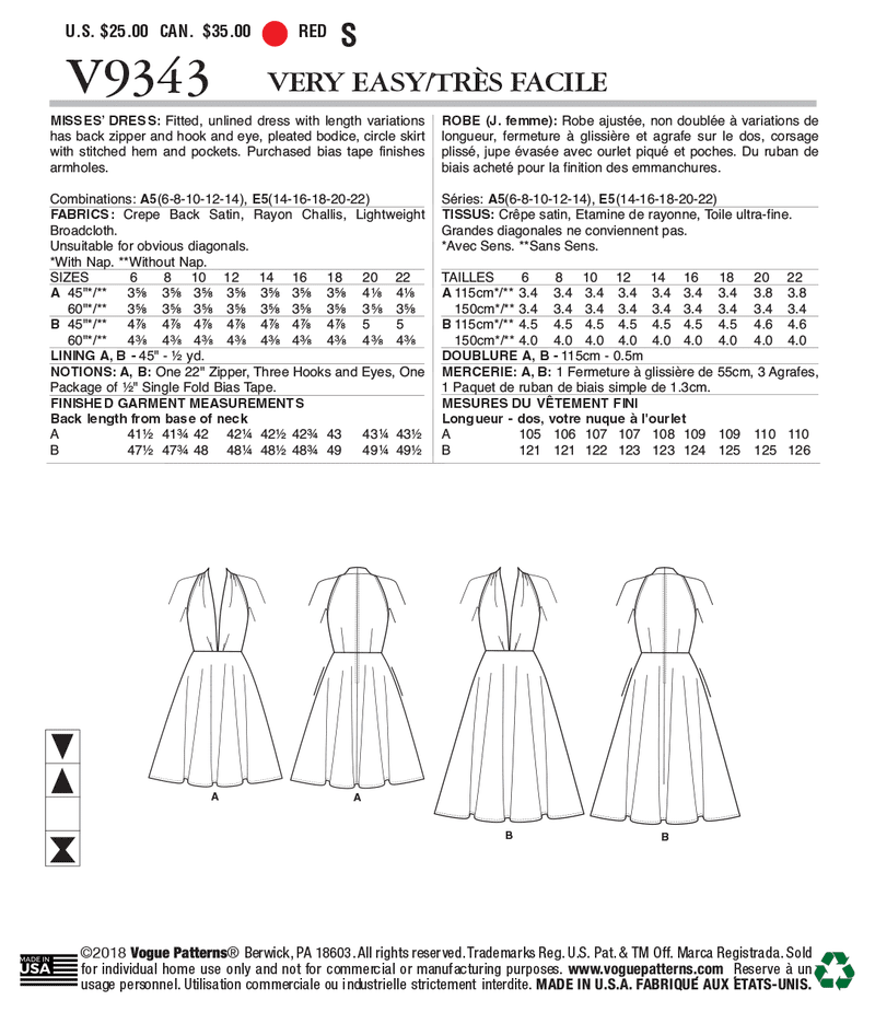 V9343 Robe pour Jeune Femme (grandeur: 6-8-10-12-14)